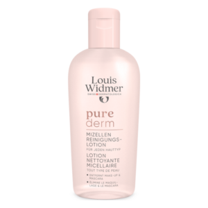 Flasche mit Mizellen-Reinigungs-Lotion von Louis Widmer, rosa Verpackung für alle Hauttypen.