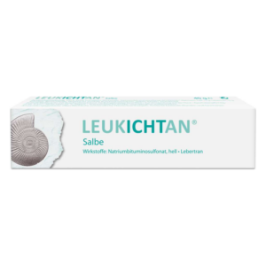 Verpackung der Leukichtan Salbe mit Inhaltsstoffen und einem Abbild eines Schneckenhauses.