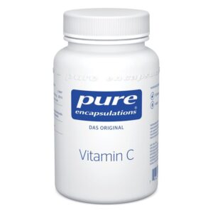 Weißer Kunststoffbehälter mit Vitamin C von Pure Encapsulations und blauem Etikett.