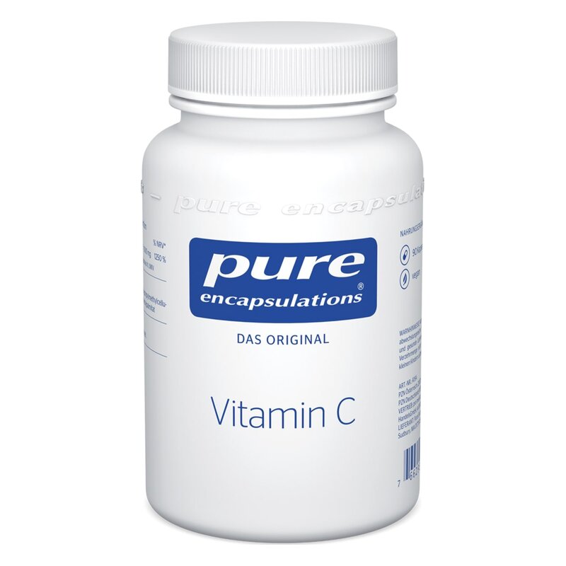 Weißer Kunststoffbehälter mit Vitamin C von Pure Encapsulations und blauem Etikett.