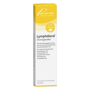 Verpackung von Lymphdiaral Drainagesalbe in einer gelb-weißen Tube mit 40 g Inhalt für homöopathische Anwendungen.