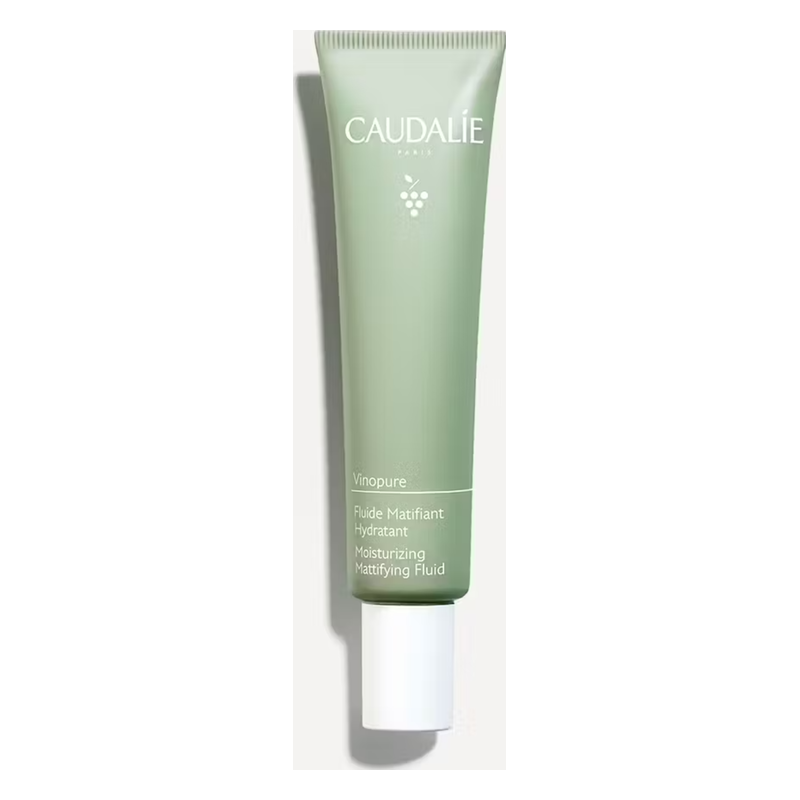 Grüne Tube mit dem Inhalt eines feuchtigkeitsspendenden, mattierenden Fluids von Caudalie, beschriftet mit Vinopure.