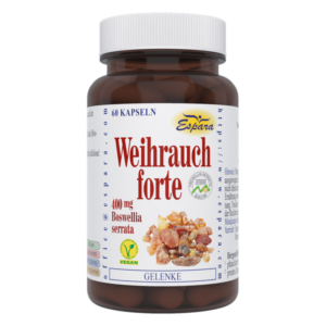 Braunes Glasgefäß mit weißem Deckel, beschriftet mit "Weihrauch forte", 400 mg Boswellia serrata, für Gelenke.