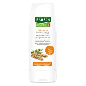 Flasche mit Weizenkeim Nähr-Spülung von Rausch, verpackt in weißem Kunststoff mit grüner und orangener Beschriftung.