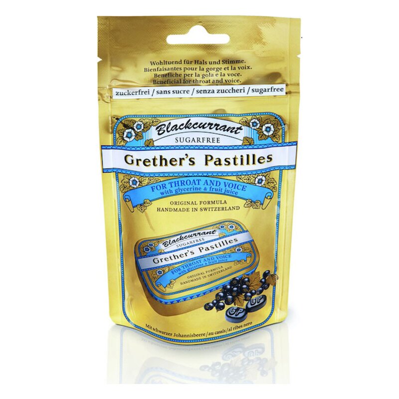 Die Verpackung von Grether's Pastillen mit schwarzer Johannisbeere, handgemacht in der Schweiz, zuckerfrei.