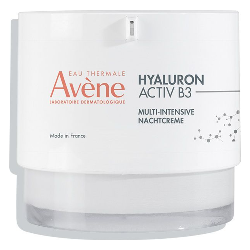 Weiße Nachtcreme von Avène mit Hyaluron und B3 in einem runden, transparenten Tiegel.