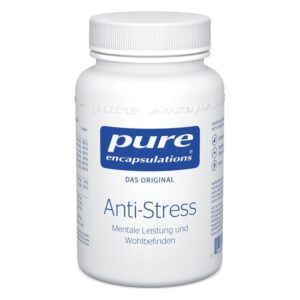 Weißer Flasche mit Schraubverschluss, beschriftet mit "Anti-Stress" und Infos zu mentaler Leistung und Wohlbefinden.