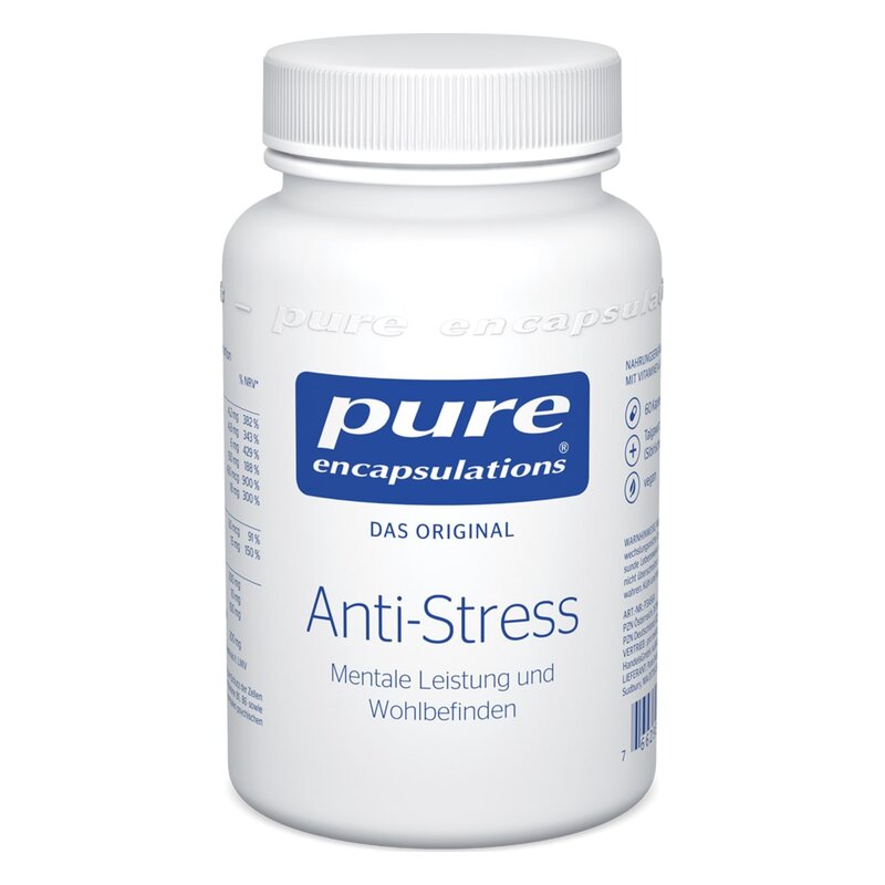Weißer Flasche mit Schraubverschluss, beschriftet mit "Anti-Stress" und Infos zu mentaler Leistung und Wohlbefinden.