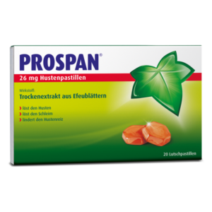 Packung mit Prospan Hustenpastillen, enthält Efeublätter-Extrakt zur Linderung von Husten und Schleim.