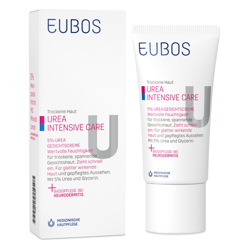 Tubenverpackung mit Gesichtscreme für trockene Haut, enthält 5% Urea und betont schnelle Feuchtigkeitsaufnahme.