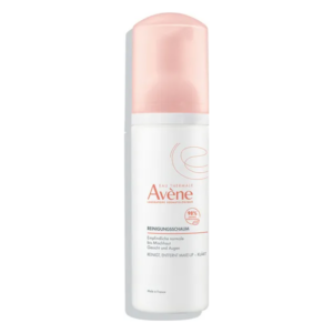 Reinigungschaum von Avène in einer weißen Flasche mit rosa Deckel, geeignet für empfindliche Haut.