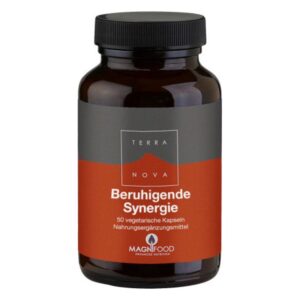 Braune Flasche mit schwarzem Deckel, Etikett beschreibt beruhigende Synergie für Nahrungsergänzungsmittel.