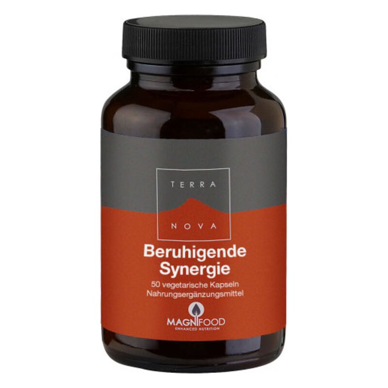 Braune Flasche mit schwarzem Deckel, Etikett beschreibt beruhigende Synergie für Nahrungsergänzungsmittel.
