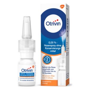 Otrivin Nasenspray in einer weißen Flasche mit Sprühkopf und Verpackung, ohne Konservierungsstoffe, für Anwendungen ab 2 Jahren.