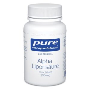Weißer Kunststoffbehälter mit Schraubverschluss, beschriftet mit Alpha-Liponsäure und 200 mg Inhalt.