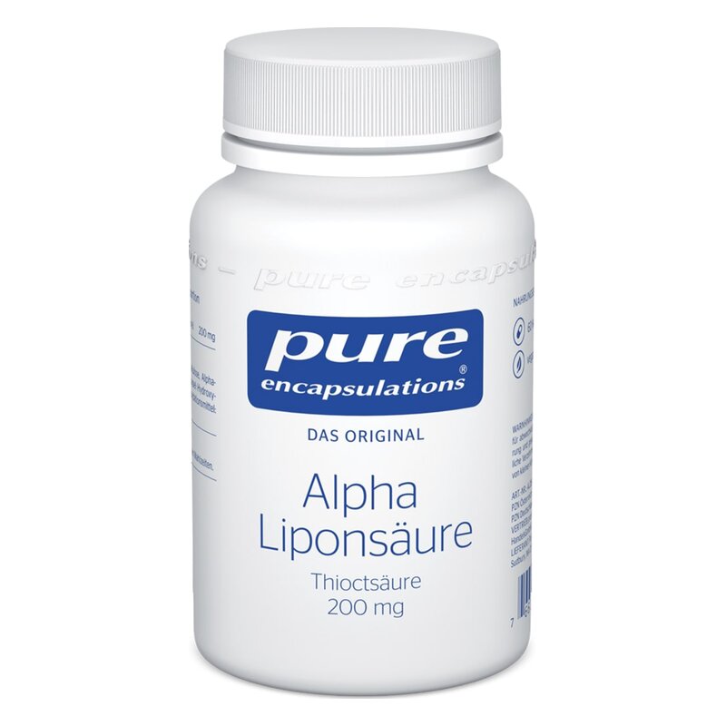 Weißer Kunststoffbehälter mit Schraubverschluss, beschriftet mit Alpha-Liponsäure und 200 mg Inhalt.