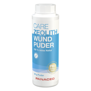 Weißer Flakon mit blauem Etikett, enthält 30 g zeolithbasiertes Wundpuder, 100 % natürliche Inhaltsstoffe.