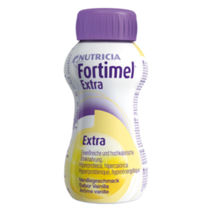 Flasche Fortimel Extra mit Vanillegeschmack, hochkalorische Trinknahrung für nutritive Unterstützung.