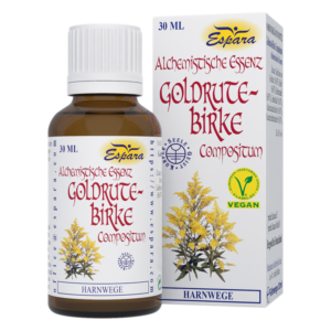 Braune Glasflasche mit alchemistischer Essenz Goldrute-Birke, vegan, 30 ml, umgeben von einer eleganten Verpackung.