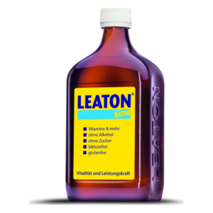 Braune Flasche mit weißem Schraubverschluss und gelb-blauem Etikett, das Produktinformationen zu LEATON sine enthält.