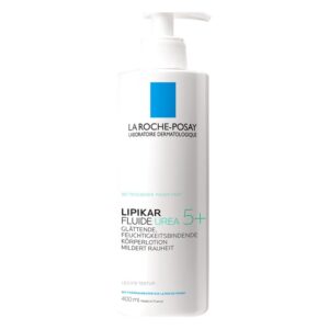 Flasche mit Körperlotion von La Roche-Posay, weiß mit blauer Schrift, Pumpspender, 400 ml, feuchtigkeitsspendend.