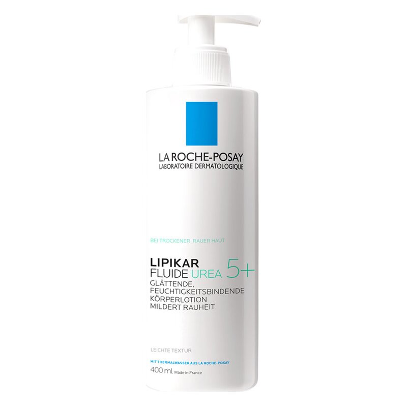 Flasche mit Körperlotion von La Roche-Posay, weiß mit blauer Schrift, Pumpspender, 400 ml, feuchtigkeitsspendend.