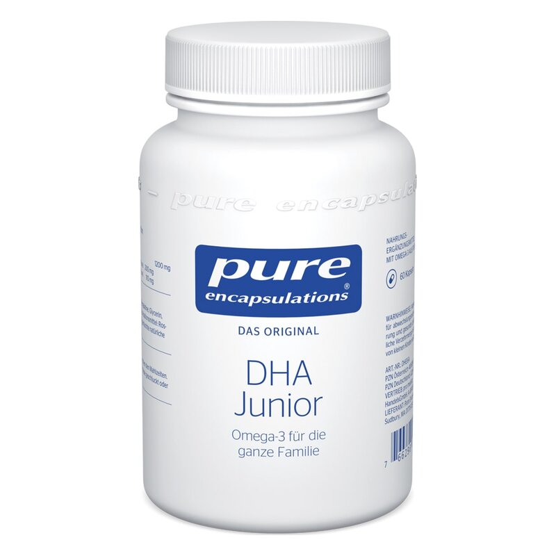Weißer Kunststoffbehälter mit blauem und grauem Etikett, der DHA Junior Omega-3 Nahrungsergänzungsmittel enthält.