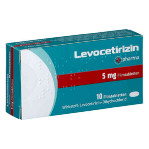 Schachtel mit 10 Filmtabletten Levocetirizin, 5 mg, mit blauem Hintergrund und Angaben zum Wirkstoff.