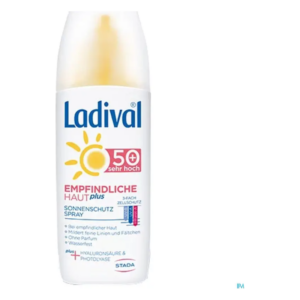 Sonnencreme-Spray von Ladival für empfindliche Haut mit Lichtschutzfaktor 50+ und pflegenden Inhaltsstoffen.