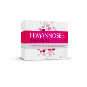 Verpackung von FEMANNOSE D-Mannose zur Behandlung von Zystitis, mit rosa Schrift und geometrischen Mustern.