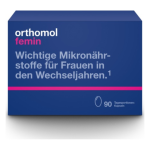Weltblaues Verpackungsdesign für orthomol femin, das Mikronährstoffe für Frauen in den Wechseljahren bewirbt. Enthält 90 Kapseln.