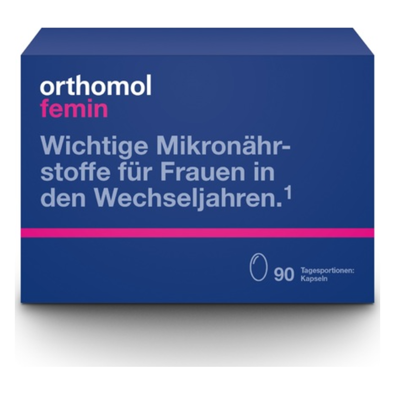Weltblaues Verpackungsdesign für orthomol femin, das Mikronährstoffe für Frauen in den Wechseljahren bewirbt. Enthält 90 Kapseln.