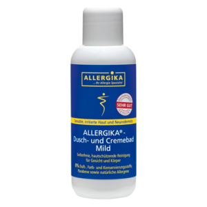 Flasche mit Allergika Dusch- und Cremedbad Mild für sensible Haut, seifenfrei und hautschützend, mit blauer Etikettierung.