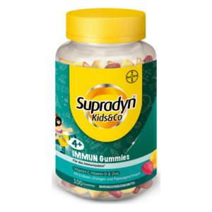 Bunte Supradyn Kids&Co IMMUN Gummies in einem transparenten Behälter mit gelbem Deckel, für das Immunitätssystem von Kindern ab 4 Jahren.