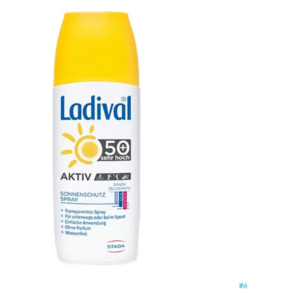 Ladival Aktiv Sonnenschutzspray mit Lichtschutzfaktor 50+, transparent und wasserfest, einfache Anwendung.