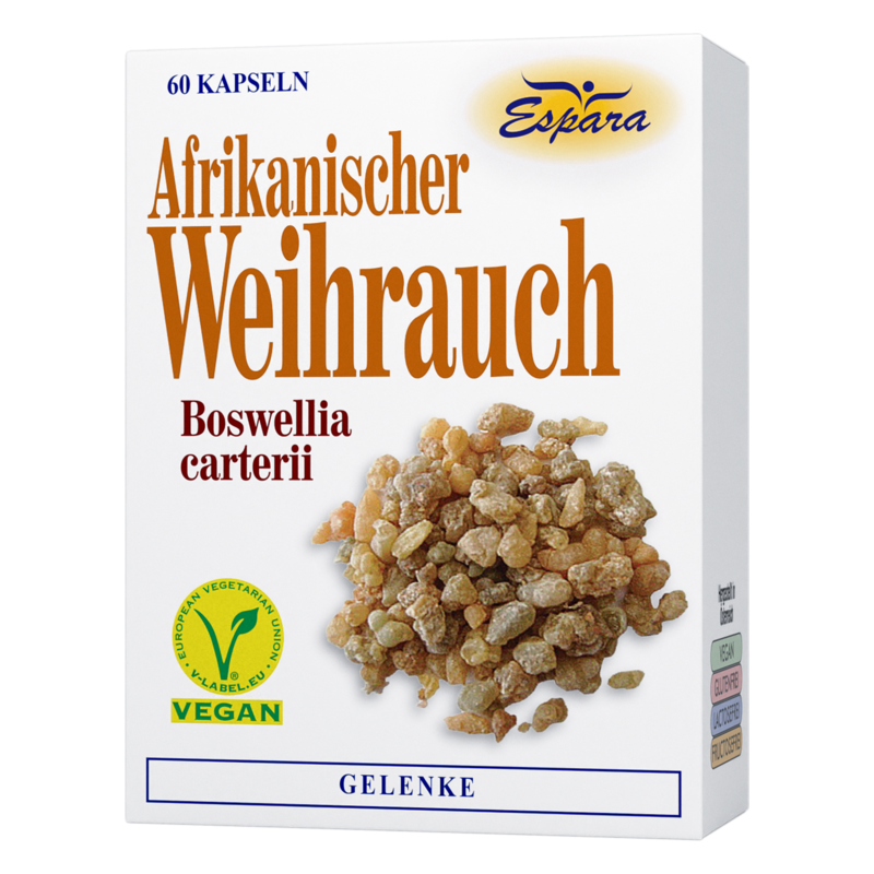 Verpackung mit 60 Kapseln von afrikanischem Weihrauch, enthält Boswellia carterii, vegan, zur Unterstützung der Gelenke.