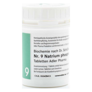 Rundes, weißes Röhrchen mit Schraubverschluss, das homöopathische Tabletten Nr. 9 Natrium phosphoricum von Adler Pharma enthält.