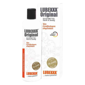 Flasche mit Gleitmittel LubeXXX Original, auf der Verpackung steht 'von Gynäkologen empfohlen', Made in Germany.
