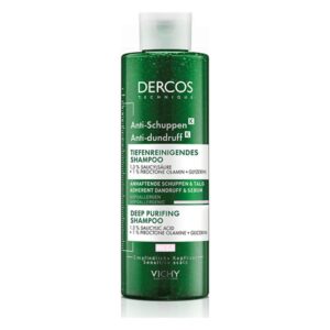 Grüne Flasche mit tiefenreinigendem Anti-Schuppen-Shampoo von Vichy, enthält Salicylsäure und Glycerin.