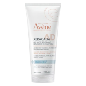 Milchiges Gel der Marke Avène in einer weißen Tube mit orangefarbenen Akzenten, 200 ml, zur Beruhigung trockener Haut.