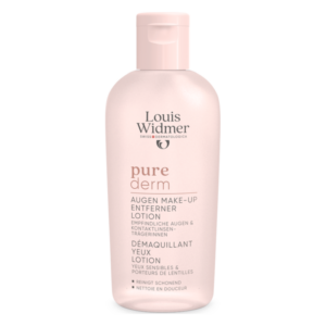 Flasche mit Augen Make-up Entferner Lotion von Louis Widmer, geeignet für empfindliche Augen und Kontaktlinsenträger.