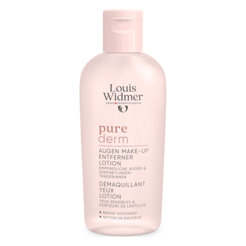 Flasche mit Augen Make-up Entferner Lotion von Louis Widmer, geeignet für empfindliche Augen und Kontaktlinsenträger.