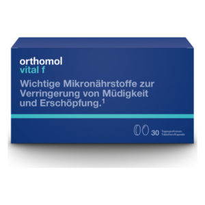 Verpackung von Orthomol Vital F, mit Informationen zu Mikronährstoffen zur Reduzierung von Müdigkeit und Erschöpfung.