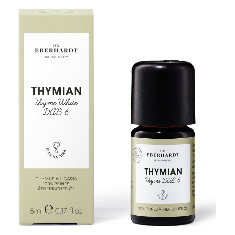 Flasche mit 5 ml Thymian ätherischem Öl in einer Verpackung mit grünem Design.