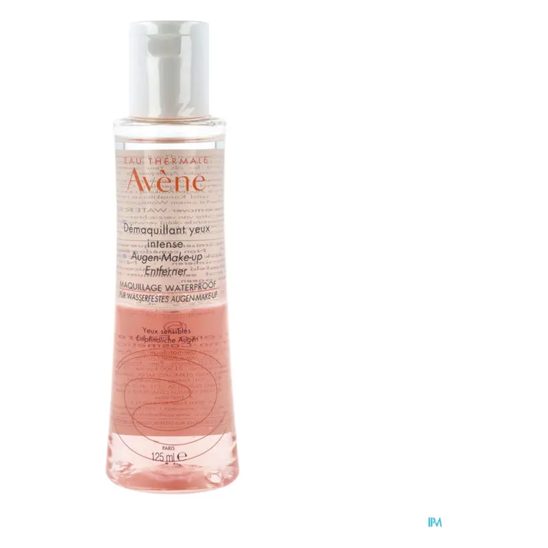Flasche mit blasser rosa Flüssigkeit, die als Augen-Make-up Entferner dient, für empfindliche Augen geeignet.
