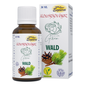 30 ml Flasche mit alchemistischer Essenz namens "Wald" von Espara, umgeben von Kiefernadeln und einer Tannenzapfen-Illustration.