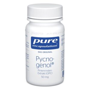 Weißes Fläschchen mit Schraubverschluss, das Pycnogenol, einen Pinienrinden-Extrakt, enthält.