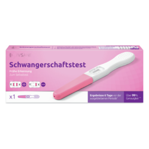 Verpackung eines Schwangerschaftstests mit pinkem Griff und Anweisungen zur Durchführung des Selbsttests.