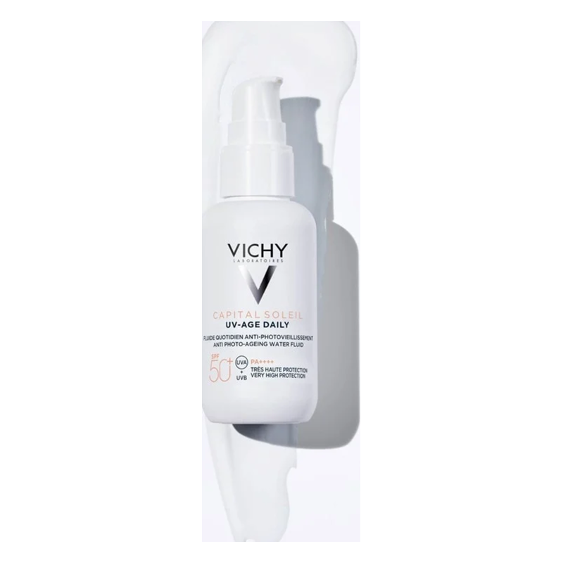 Sonnenschutzflüssigkeit mit SPF 50 aus der Reihe Vichy Capital Soleil, praktische Pumpflasche, leichte Textur.