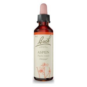 Flasche mit Bachblüten-Tropfen Aspen, braun mit rosafarbener Pipette, beschriftet mit "Nr. 2" und "Zitterpappel".